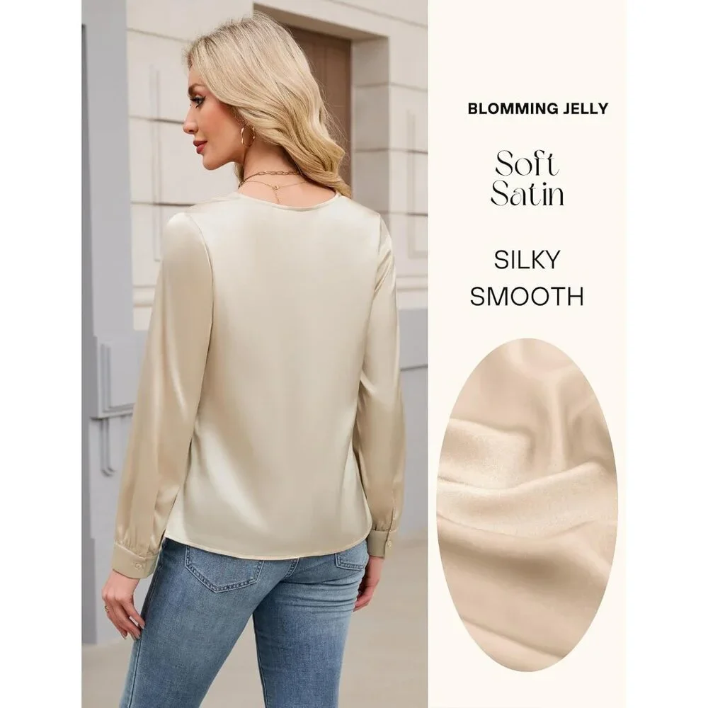 Women's Satin Blouse Cowl Neck Long Sleeve Business Casual Top Apricot - Picture 4 of 8